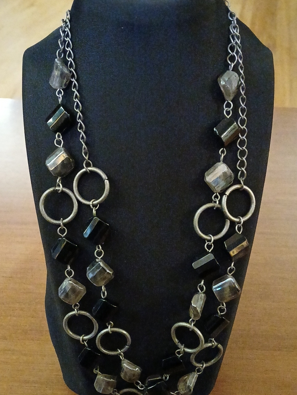 Layered Gunmetal and Smoky Bead Statement Necklace 16"